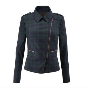 Cabi Asymmetrical Blue Green Plaid Moto Jacket